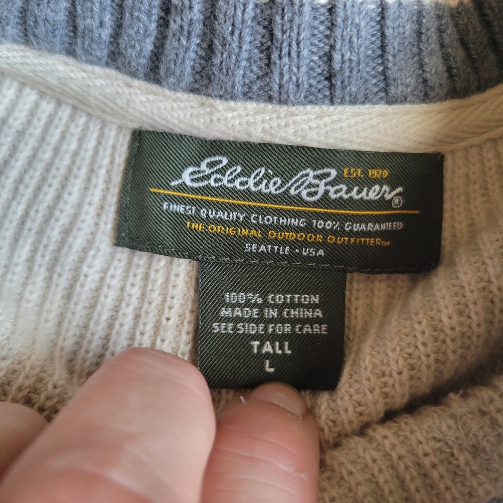 Eddie Bauer Men Sweater Large Tall Beige Cotton Ribbed Knit Casual - Picture 2 of 5